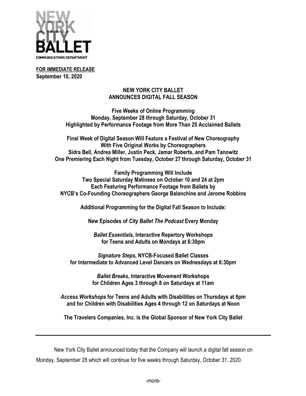 September 10, 2020 NEW YORK CITY BALLET ANNOUNCES DIGITAL