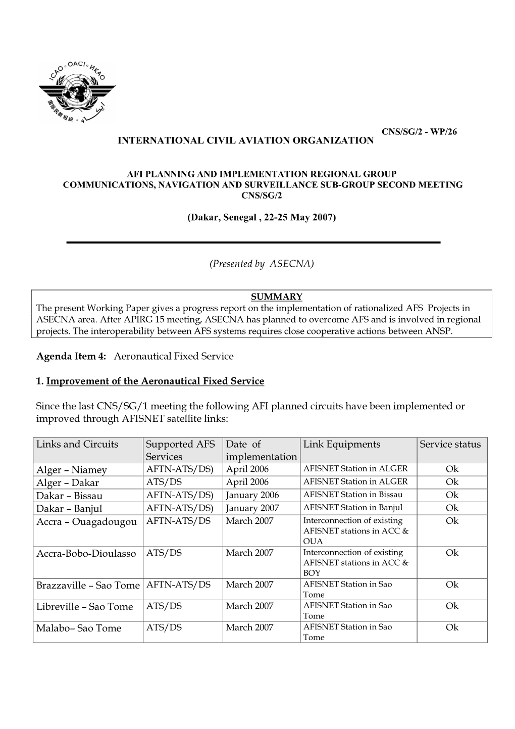 (Dakar, Senegal , 22-25 May 2007) (Presented by ASECNA) Agenda Item 4: Aeronautical Fixed Service 1. Improvement of the Aeron