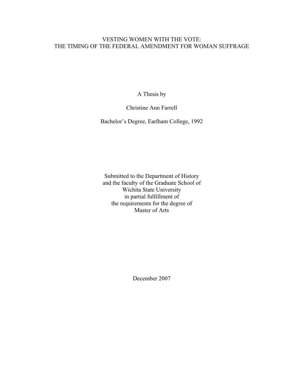 The Timing of the Federal Amendment for Woman Suffrage