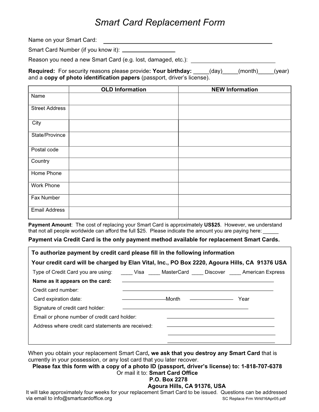 Smart Card Replacement Form