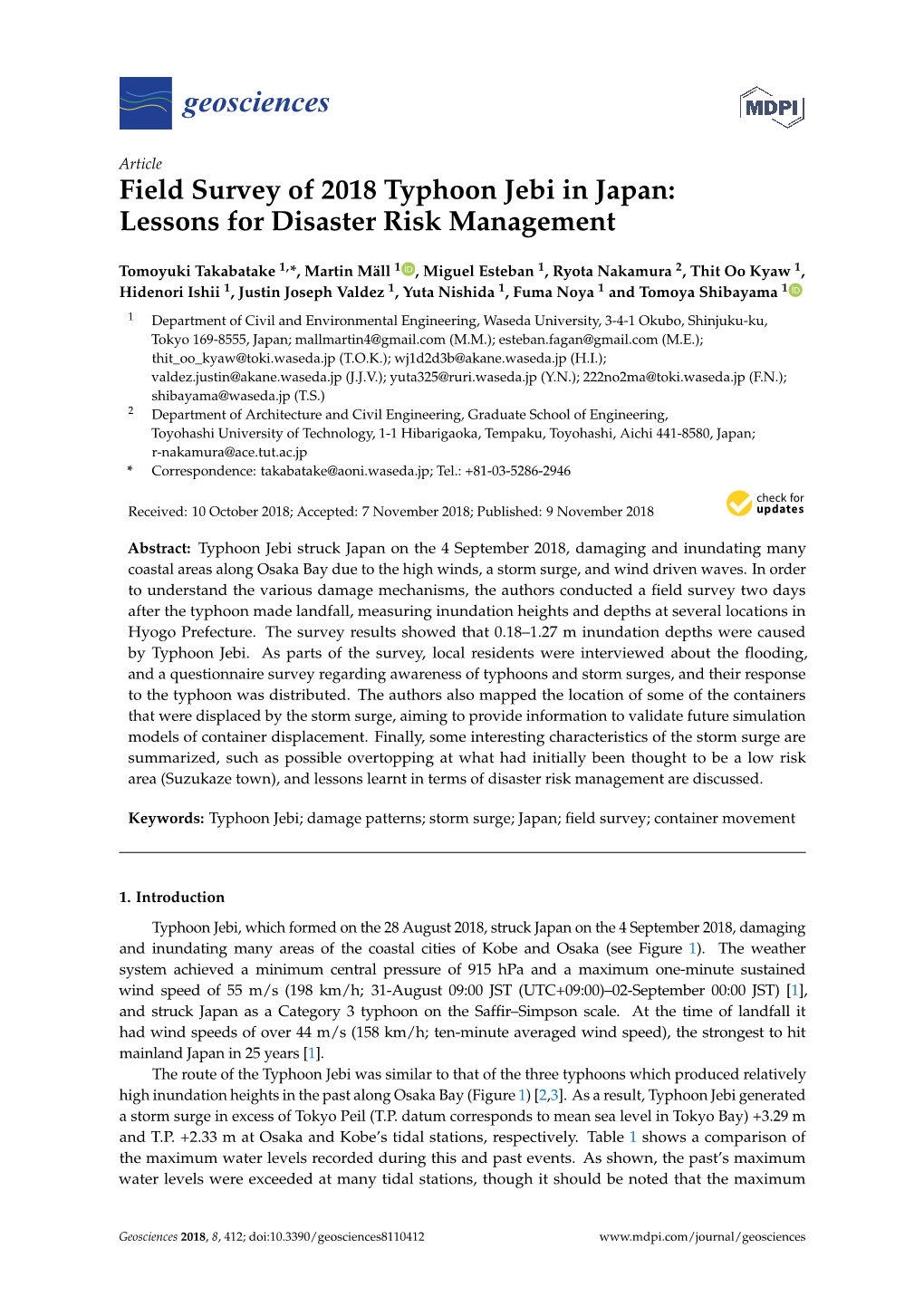 Field Survey of 2018 Typhoon Jebi in Japan: Lessons for Disaster Risk Management