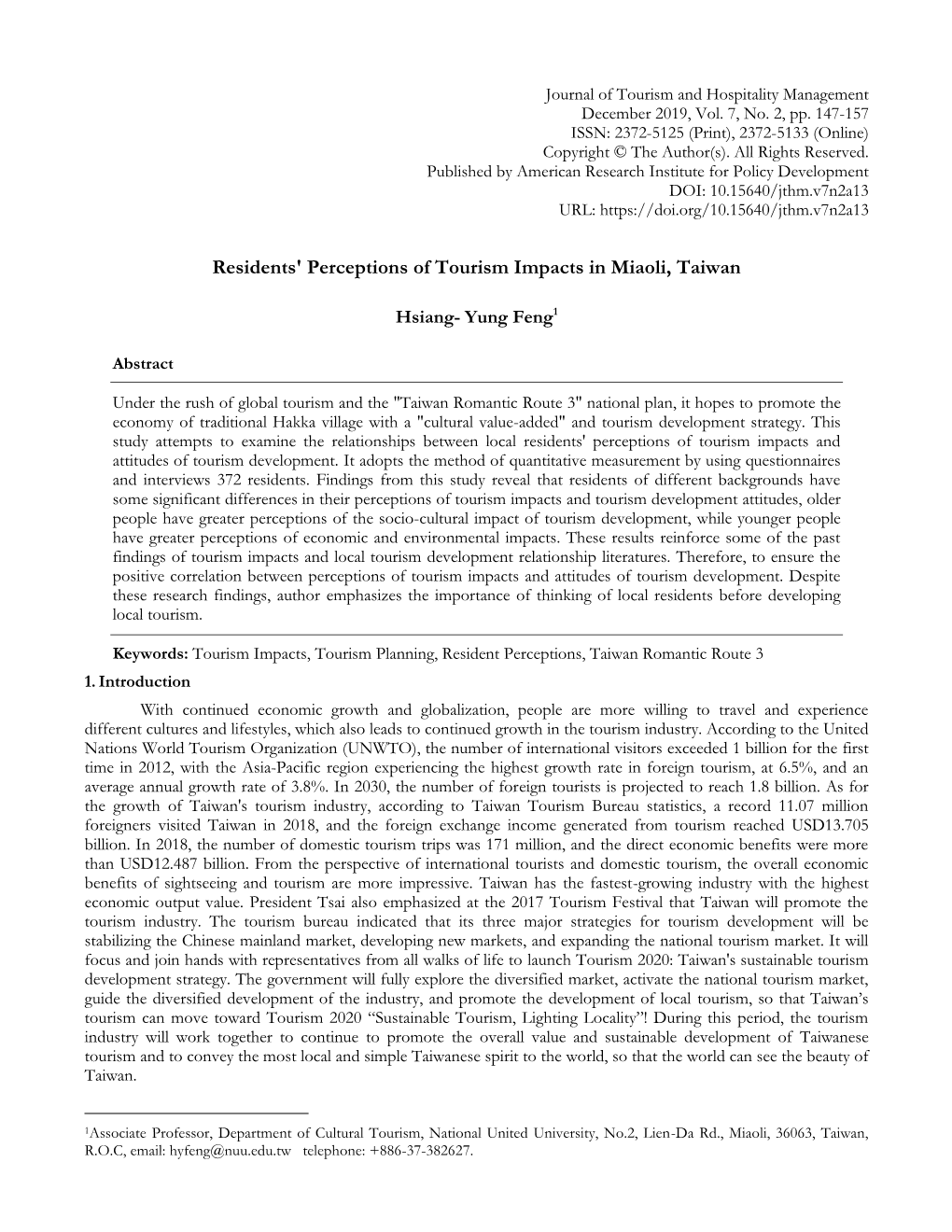 Residents' Perceptions of Tourism Impacts in Miaoli, Taiwan