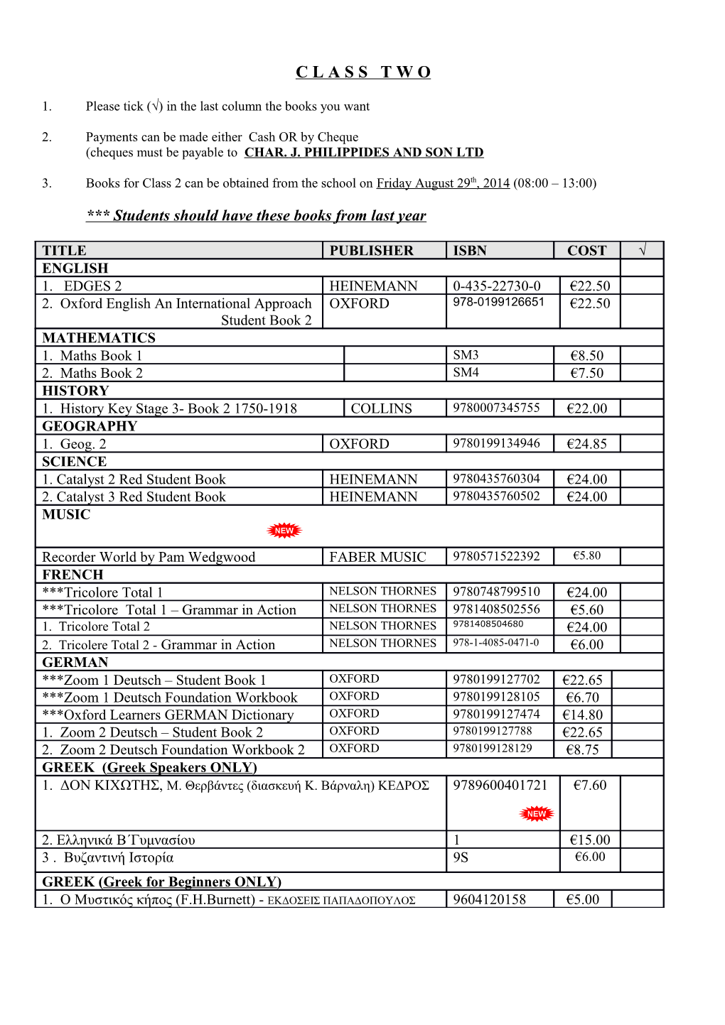 1. Please Tick ( ) in the Last Column the Books You Want