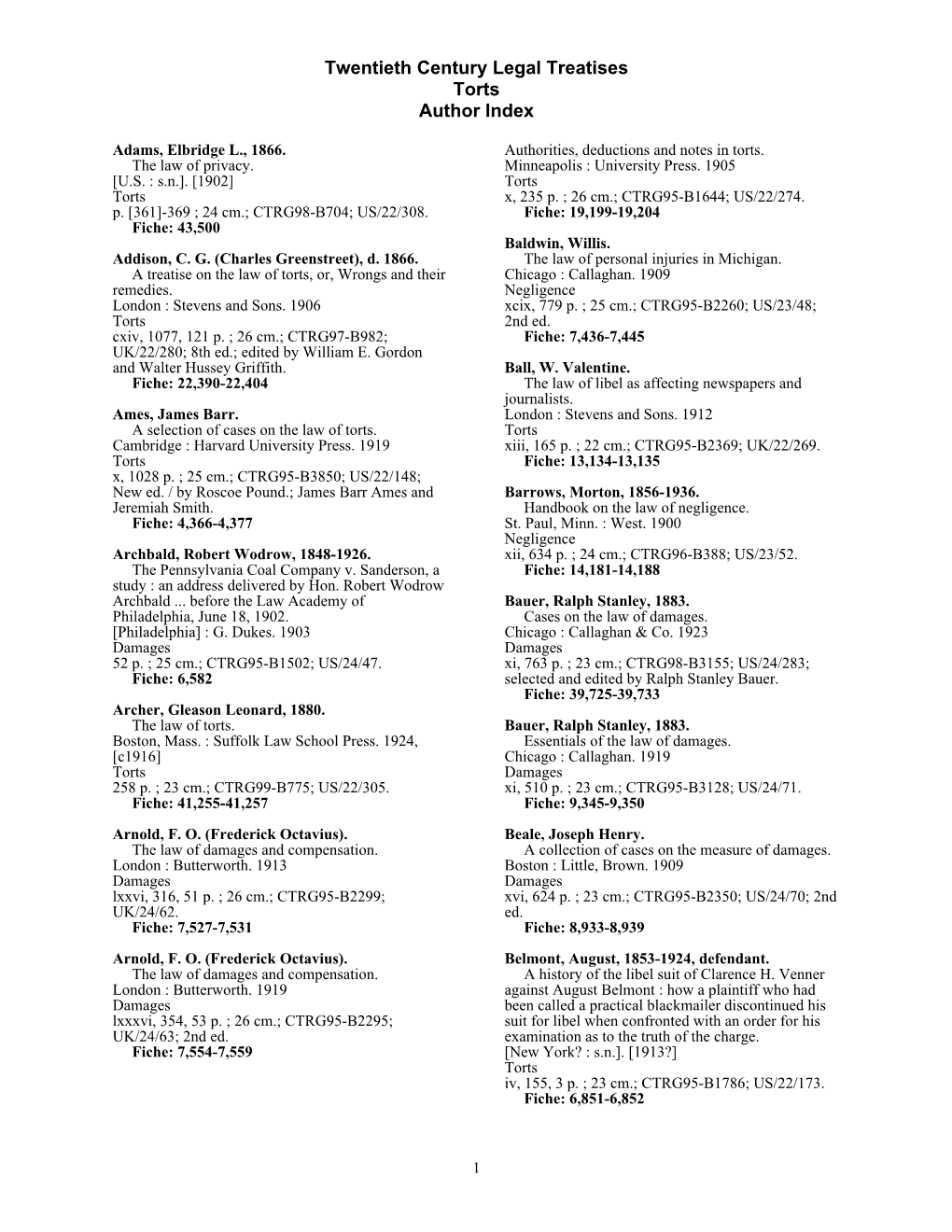 Twentieth Century Legal Treatises Torts Author Index