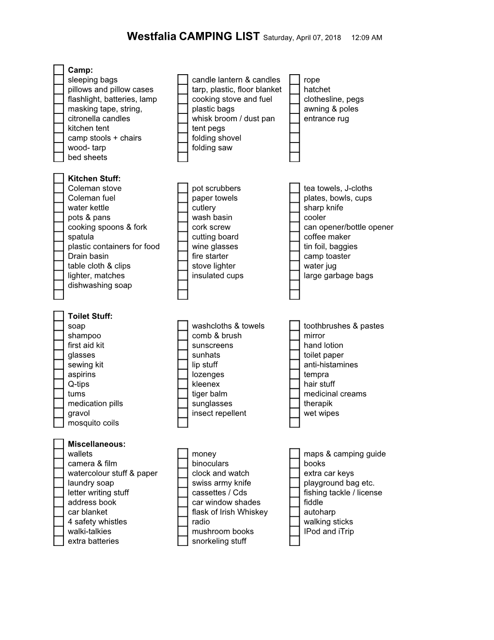 Westfalia CAMPING LIST Wednesday, July 23, 2008 7:54 PM