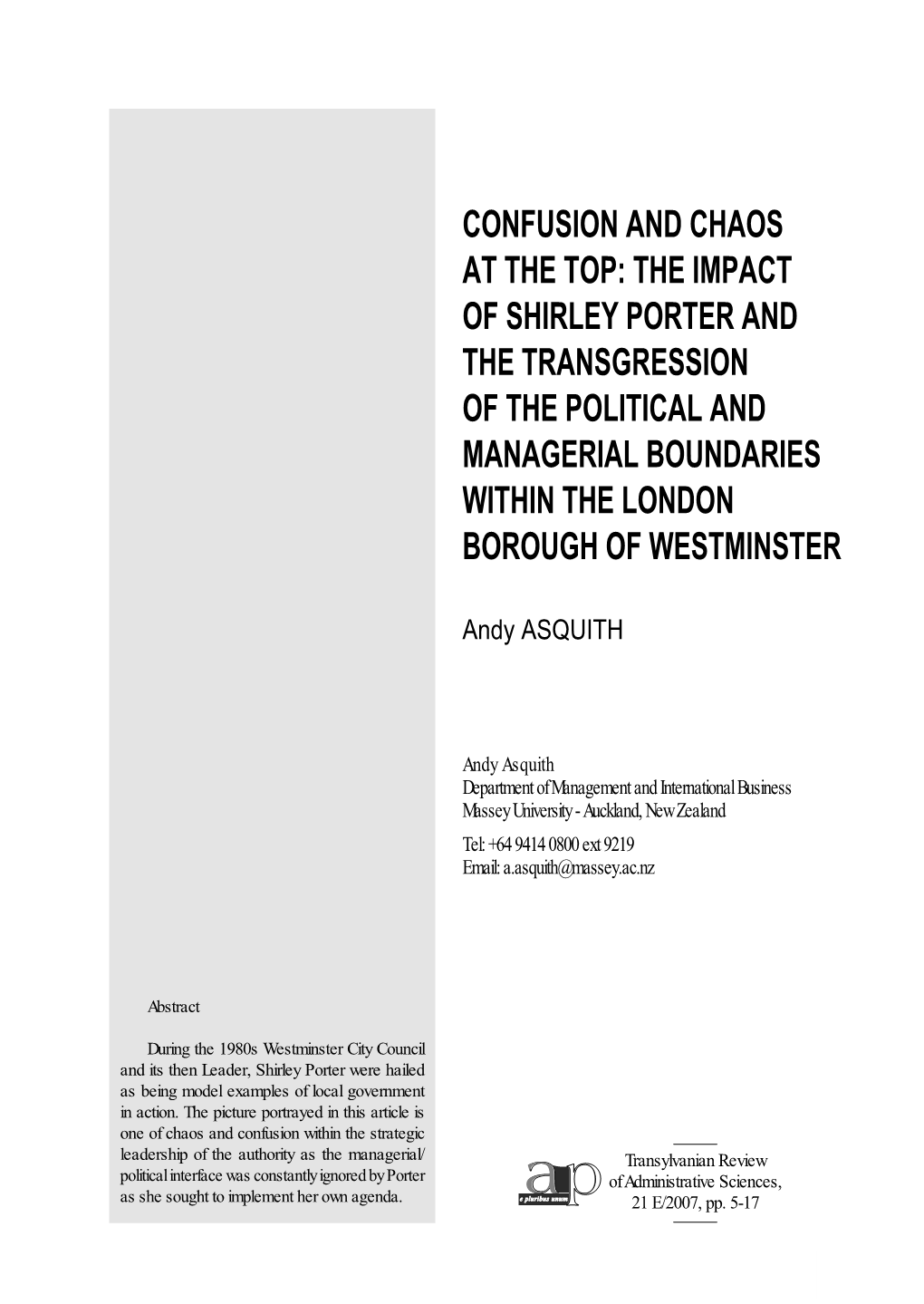 The Impact of Shirley Porter and the Transgression of the Political and Managerial Boundaries Within the London Borough of Westminster