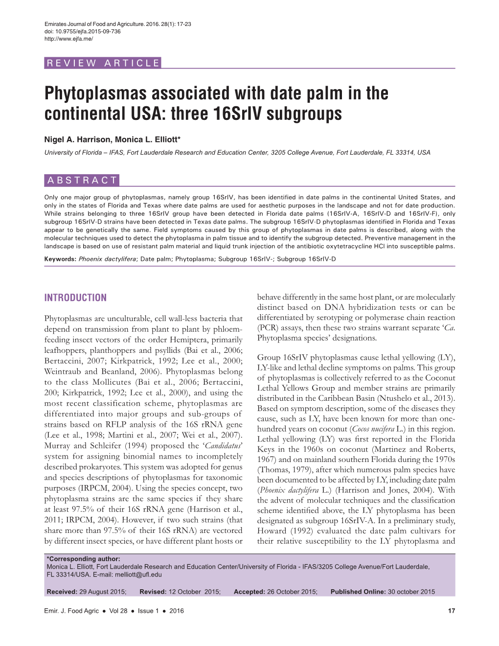 Phytoplasmas Associated with Date Palm in the Continental USA: Three 16Sriv Subgroups