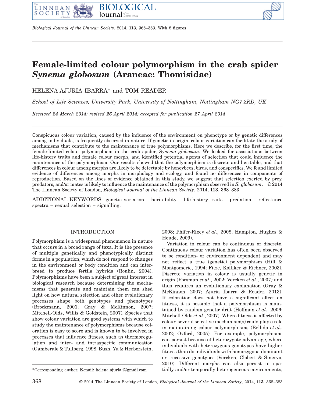 Femalelimited Colour Polymorphism in the Crab Spider Synema Globosum