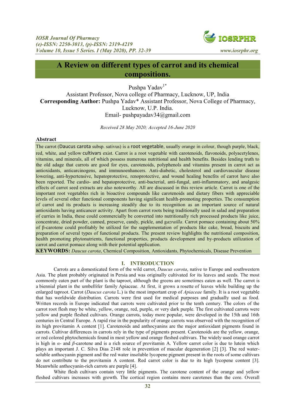 A Review on Different Types of Carrot and Its Chemical Compositions