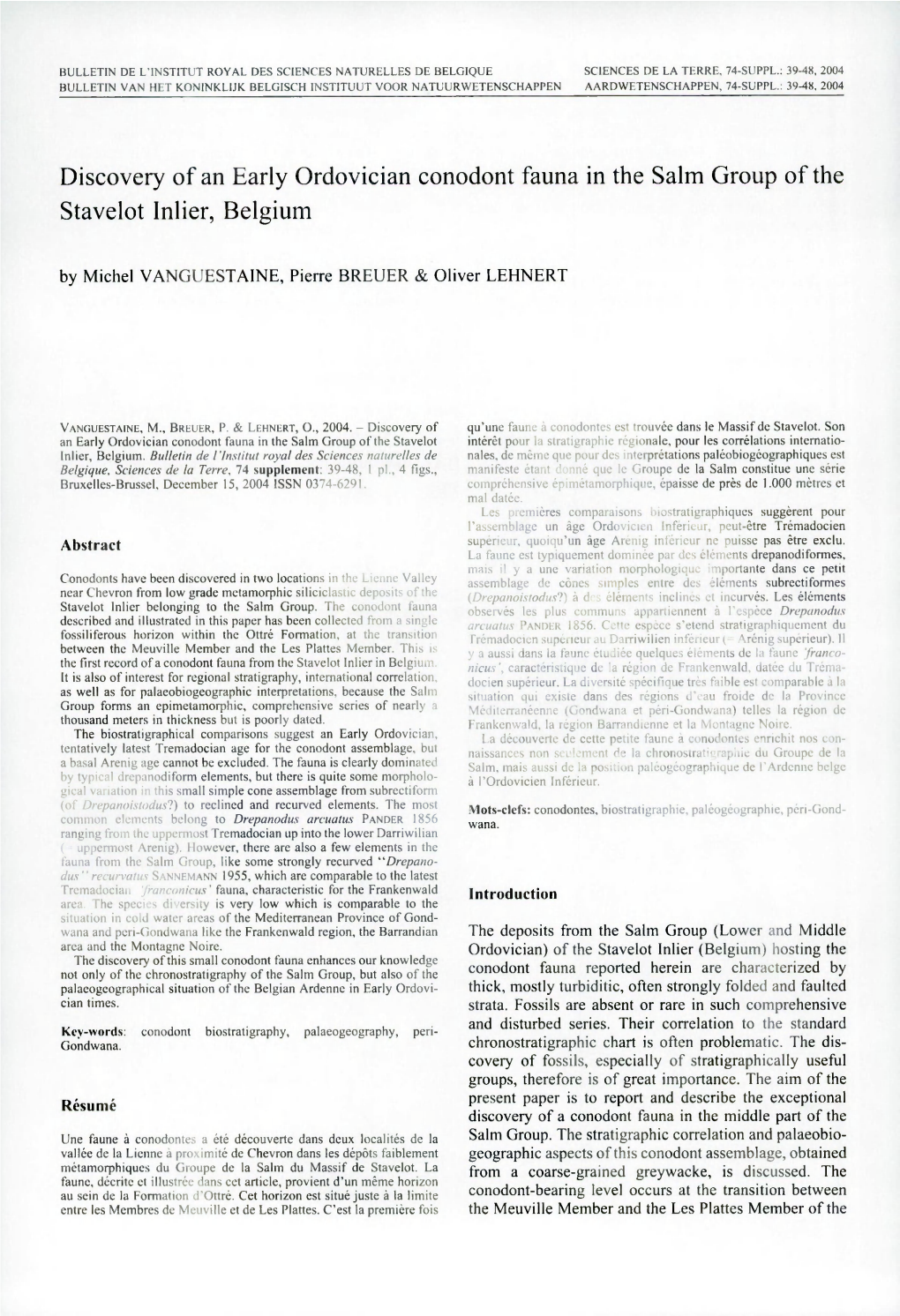 Discovery of an Early Ordovician Conodont Fauna in the Salm Group of the Stavelot Inlier, Belgium