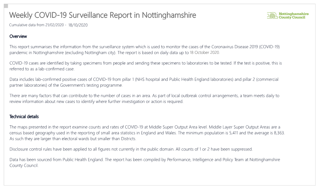 Weekly COVID-19 Surveillance Report in Nottinghamshire Cumulative Data from 21/02/2020 - 18/10/2020