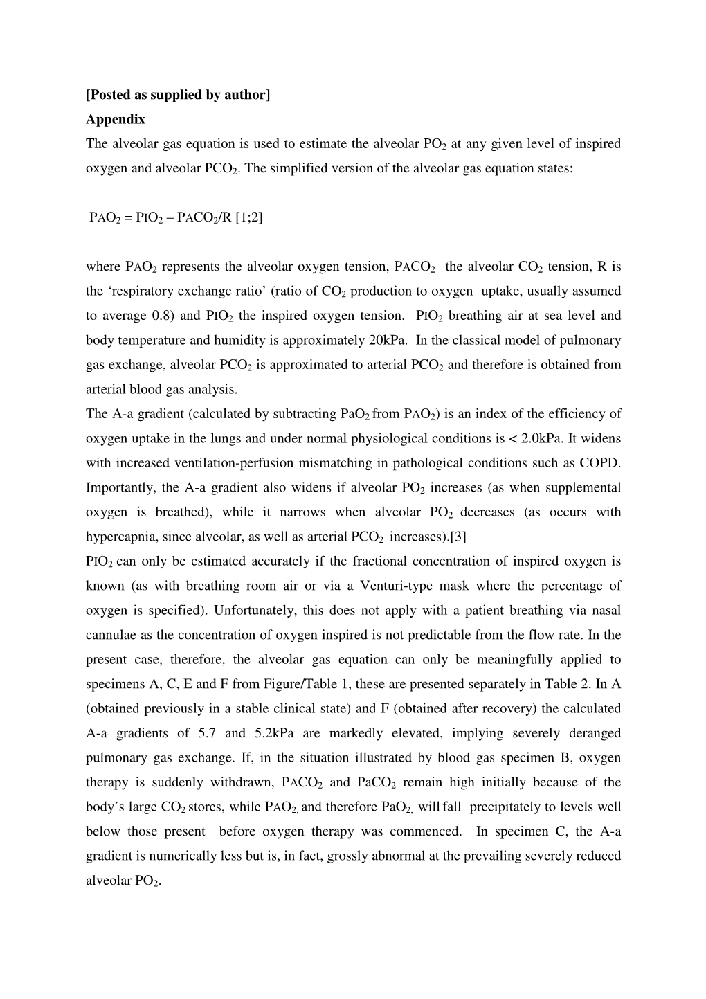 Appendix the Alveolar Gas Equation Is Used to Estimate The