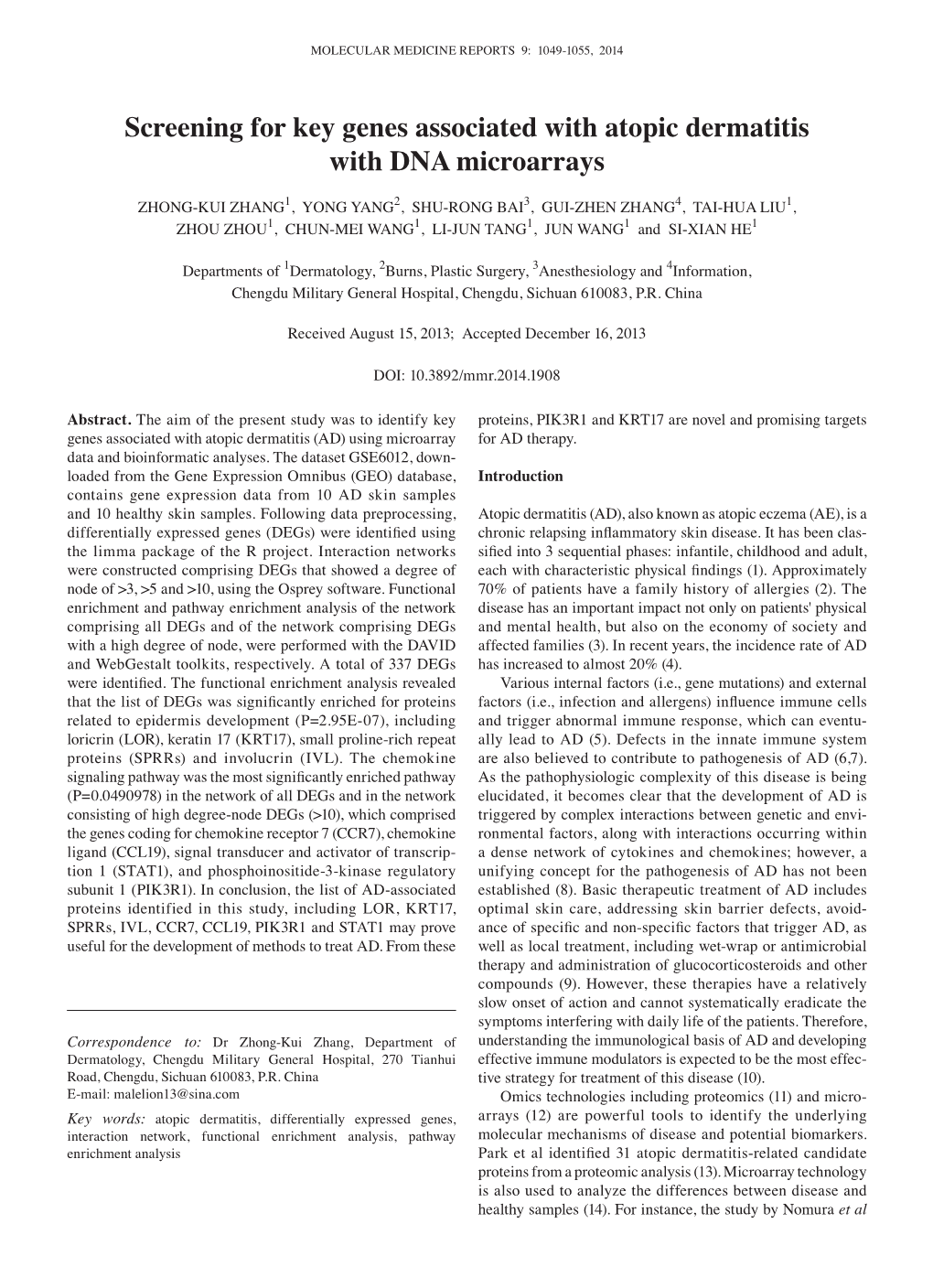 Screening for Key Genes Associated with Atopic Dermatitis with DNA Microarrays