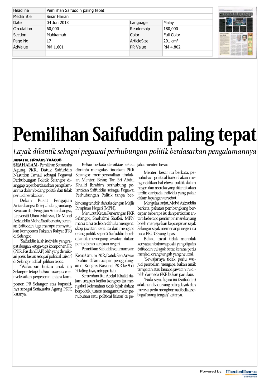 Pemilihan Saifuddin Paling Tepat