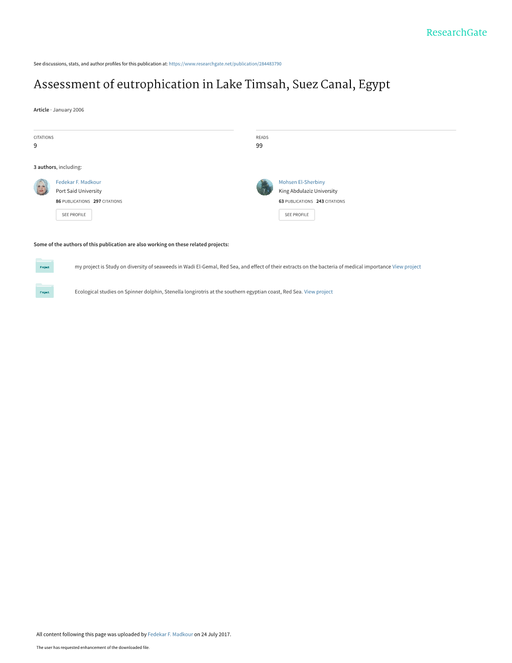 Assessment of Eutrophication in Lake Timsah, Suez Canal, Egypt