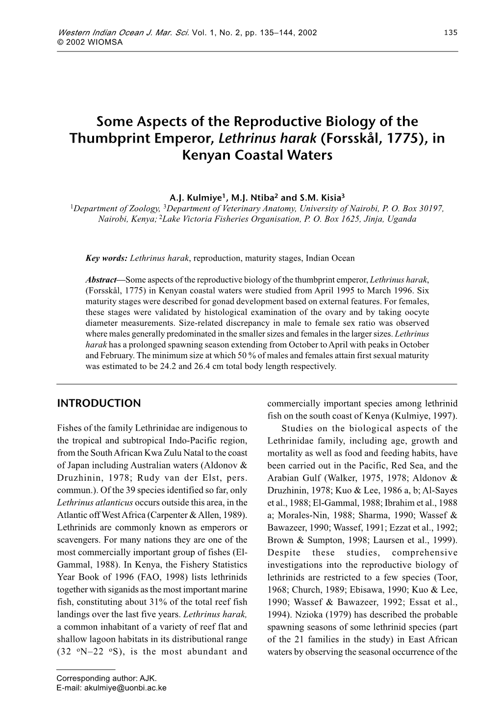 Some Aspects of the Reproductive Biology of the Thumbprint Emperor, Lethrinus Harak