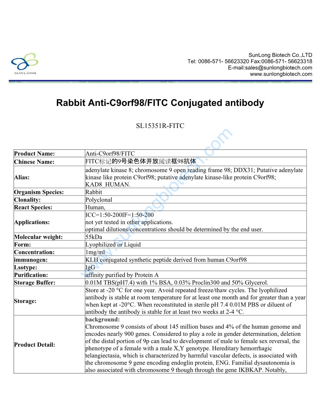 Rabbit Anti-C9orf98/FITC Conjugated Antibody