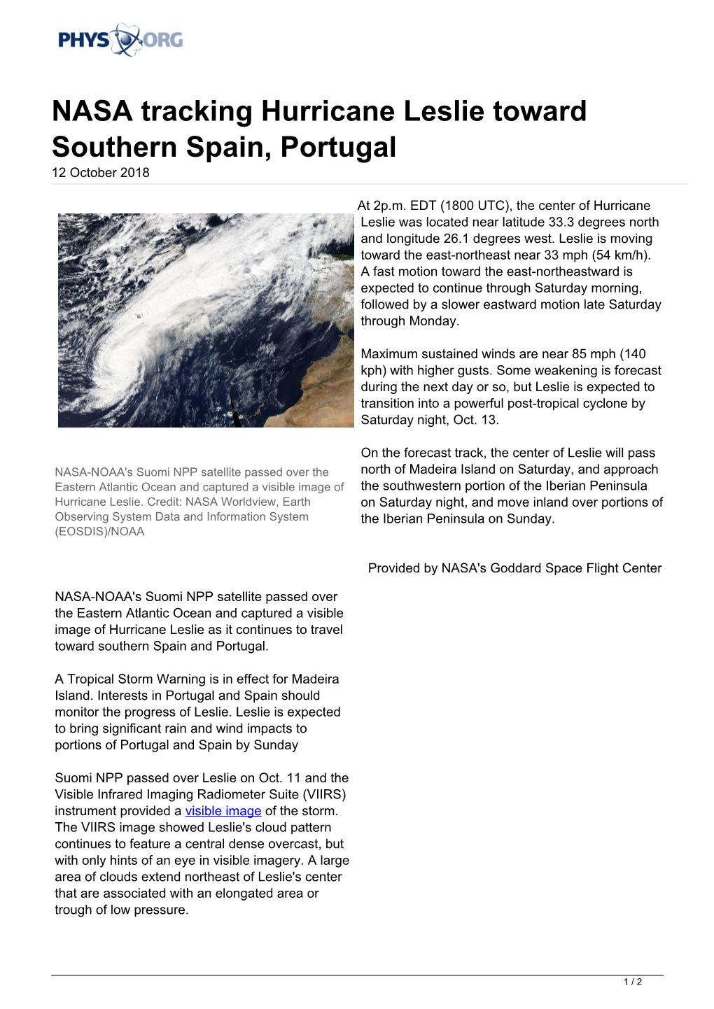 NASA Tracking Hurricane Leslie Toward Southern Spain, Portugal 12 October 2018