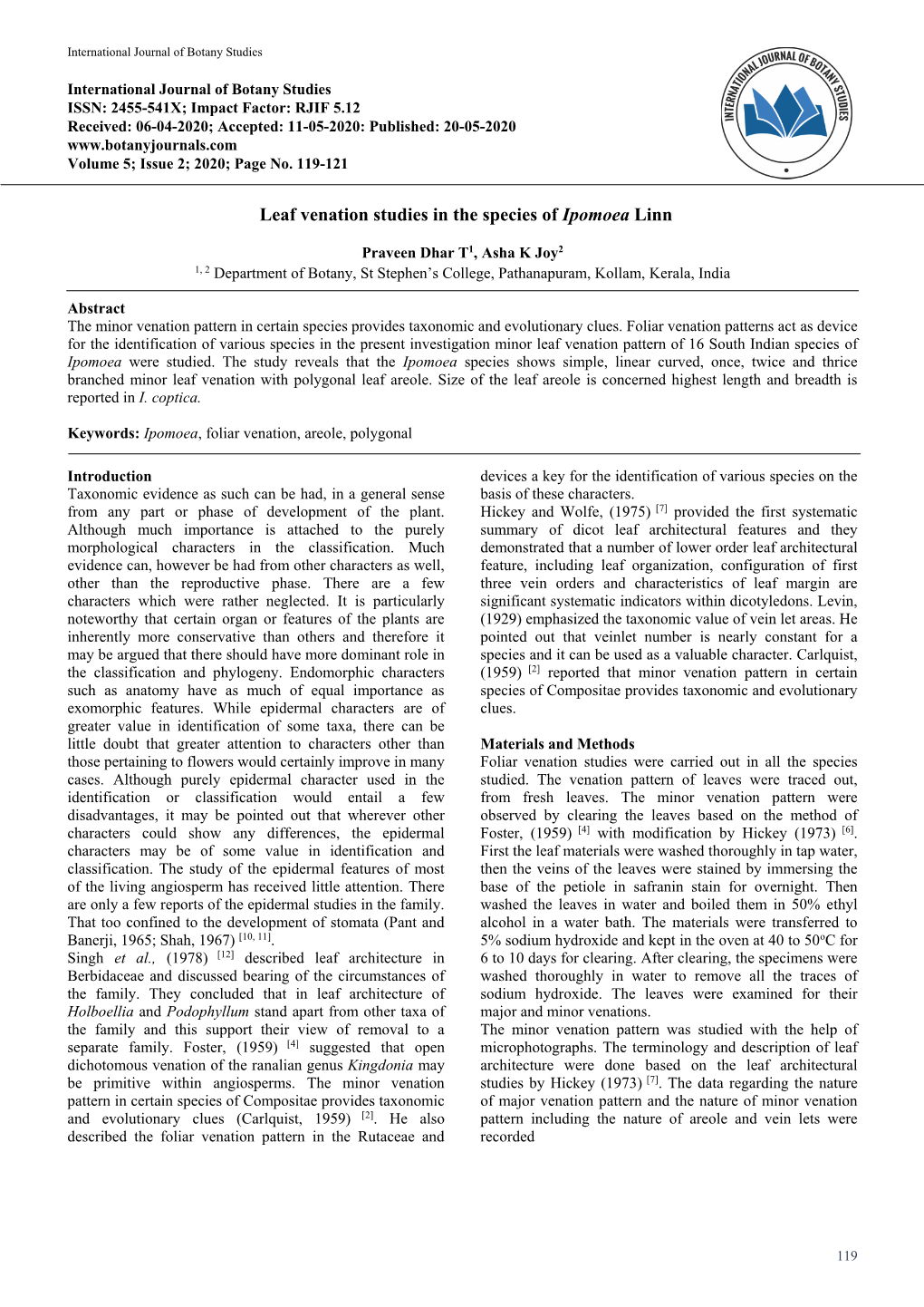 Leaf Venation Studies in the Species of Ipomoea Linn