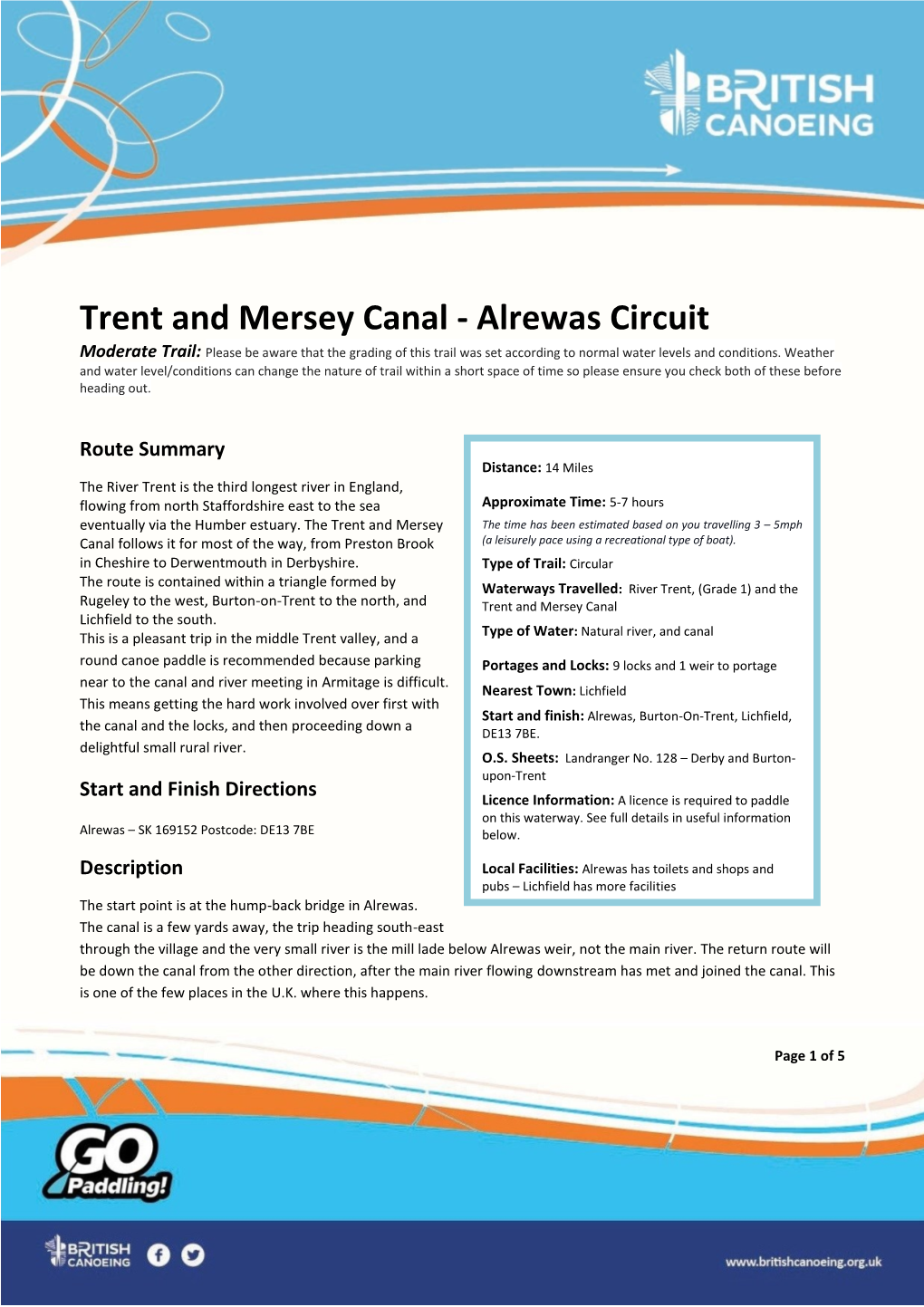 Trent and Mersey Canal - Alrewas Circuit Moderate Trail: Please Be Aware That the Grading of This Trail Was Set According to Normal Water Levels and Conditions