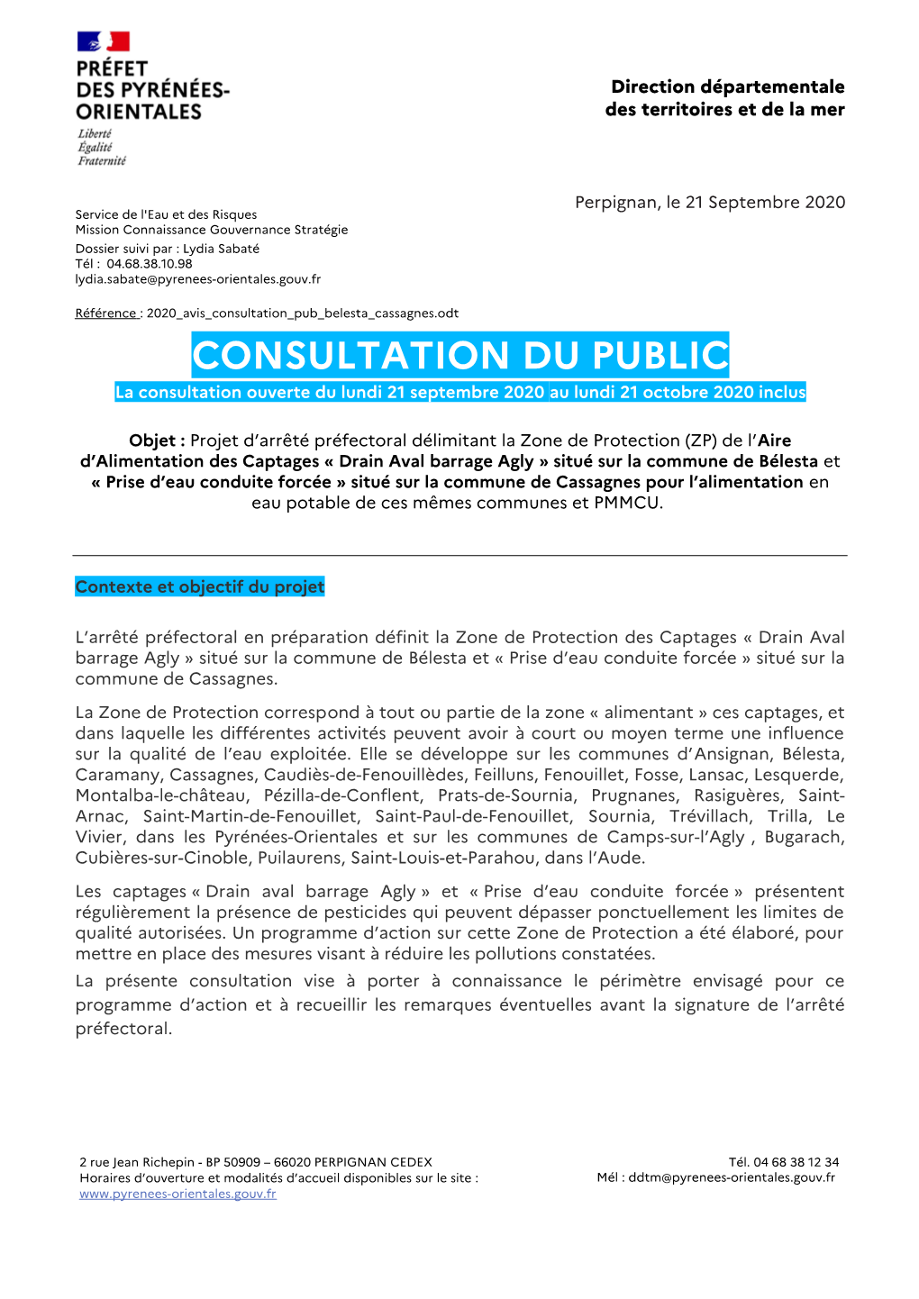 CONSULTATION DU PUBLIC La Consultation Ouverte Du Lundi 21 Septembre 2020 Au Lundi 21 Octobre 2020 Inclus