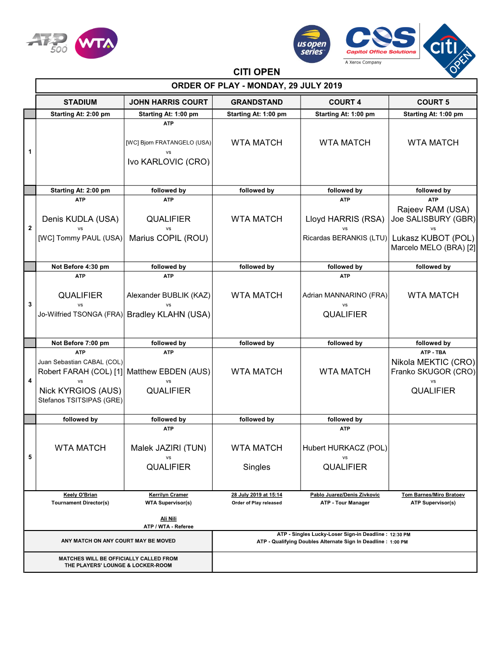 Citi Open Order of Play - Monday, 29 July 2019