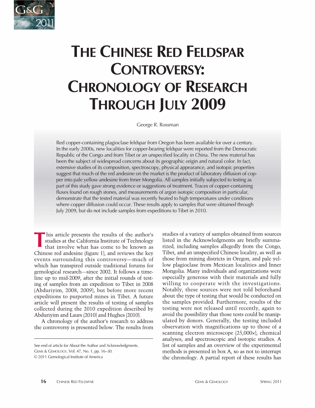 The Chinese Red Feldspar Controversy: Chronology of Research Through July 2009