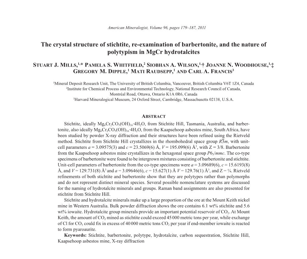 The Crystal Structure of Stichtite, Re-Examination of Barbertonite And