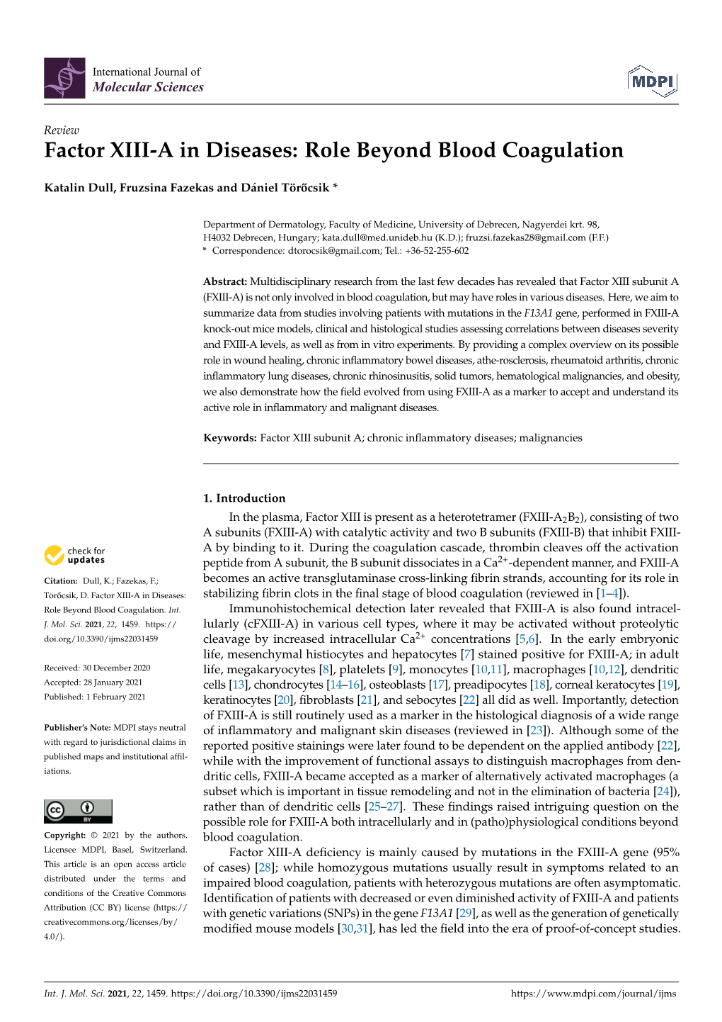 Factor XIII-A in Diseases: Role Beyond Blood Coagulation