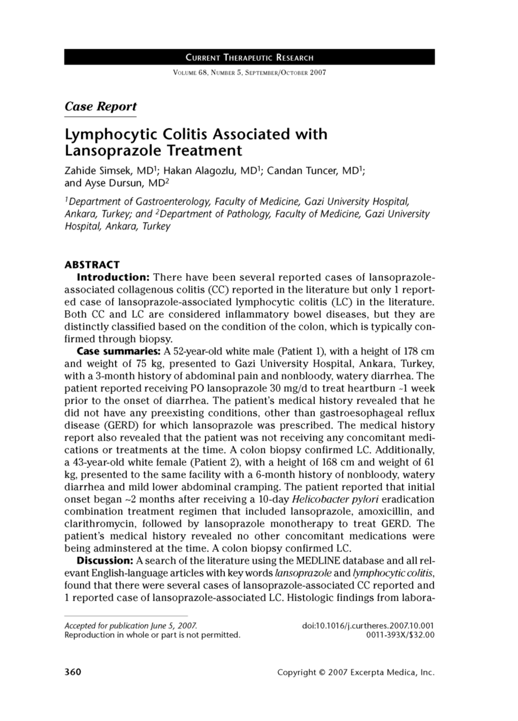 Lymphocytic Colitis Associated with Lansoprazole Treatment