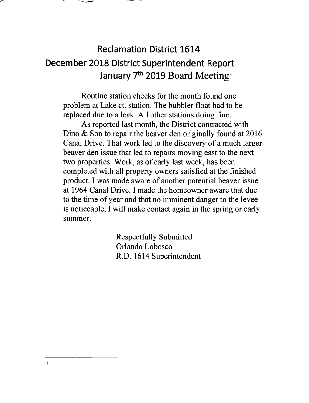 Reclamation District 1614 December 2018 District Superintendent Report January 7Th 2019 Board Meeting'
