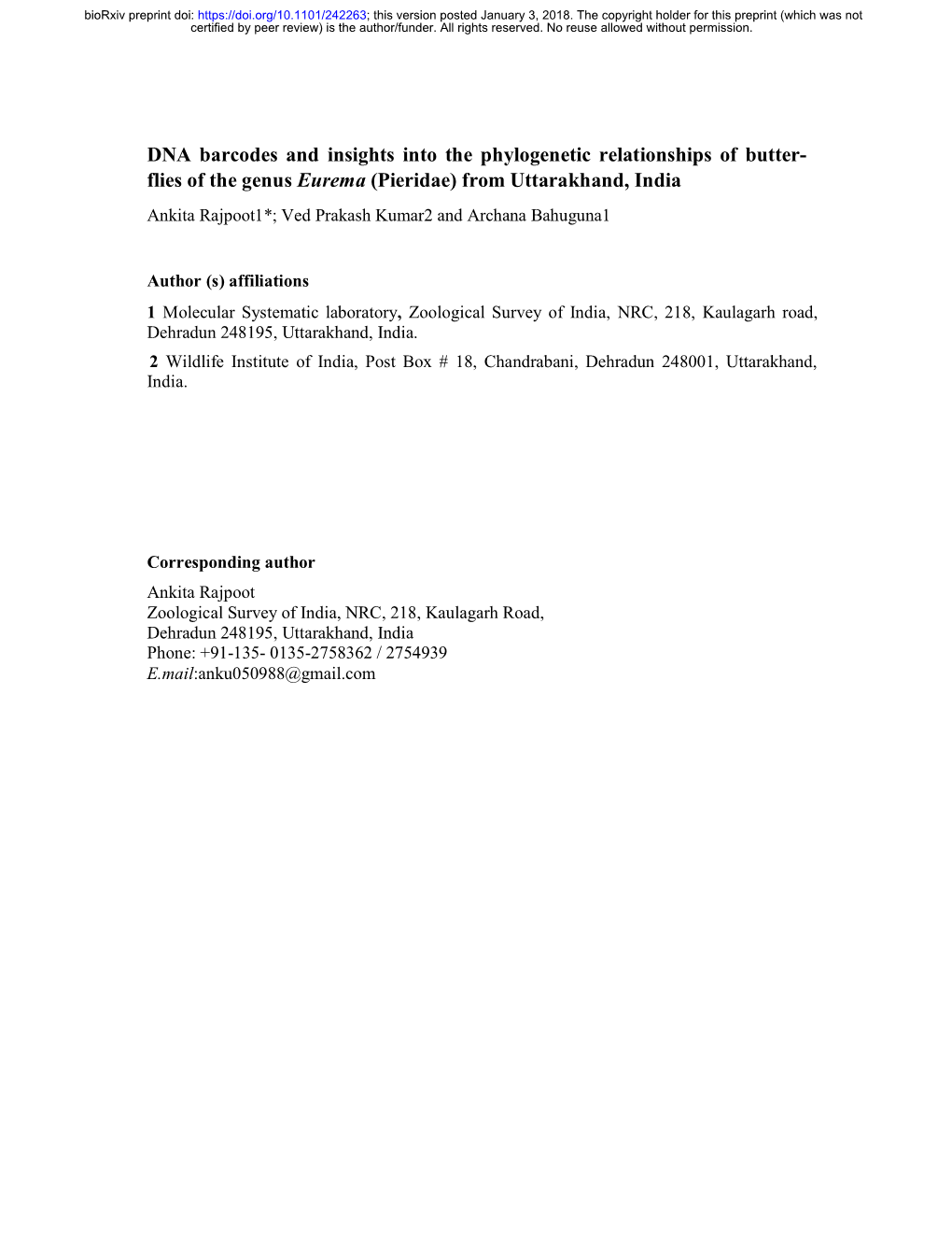 DNA Barcodes and Insights Into the Phylogenetic Relationships of Butterflies of the Genus Eurema (Pieridae) from Uttarakhand, In