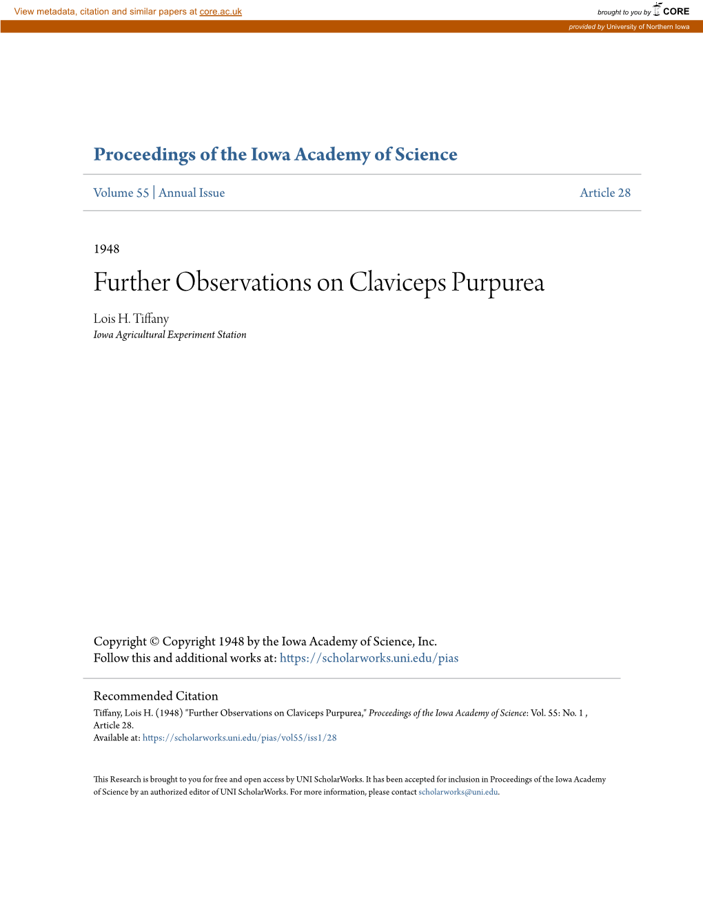 Further Observations on Claviceps Purpurea Lois H