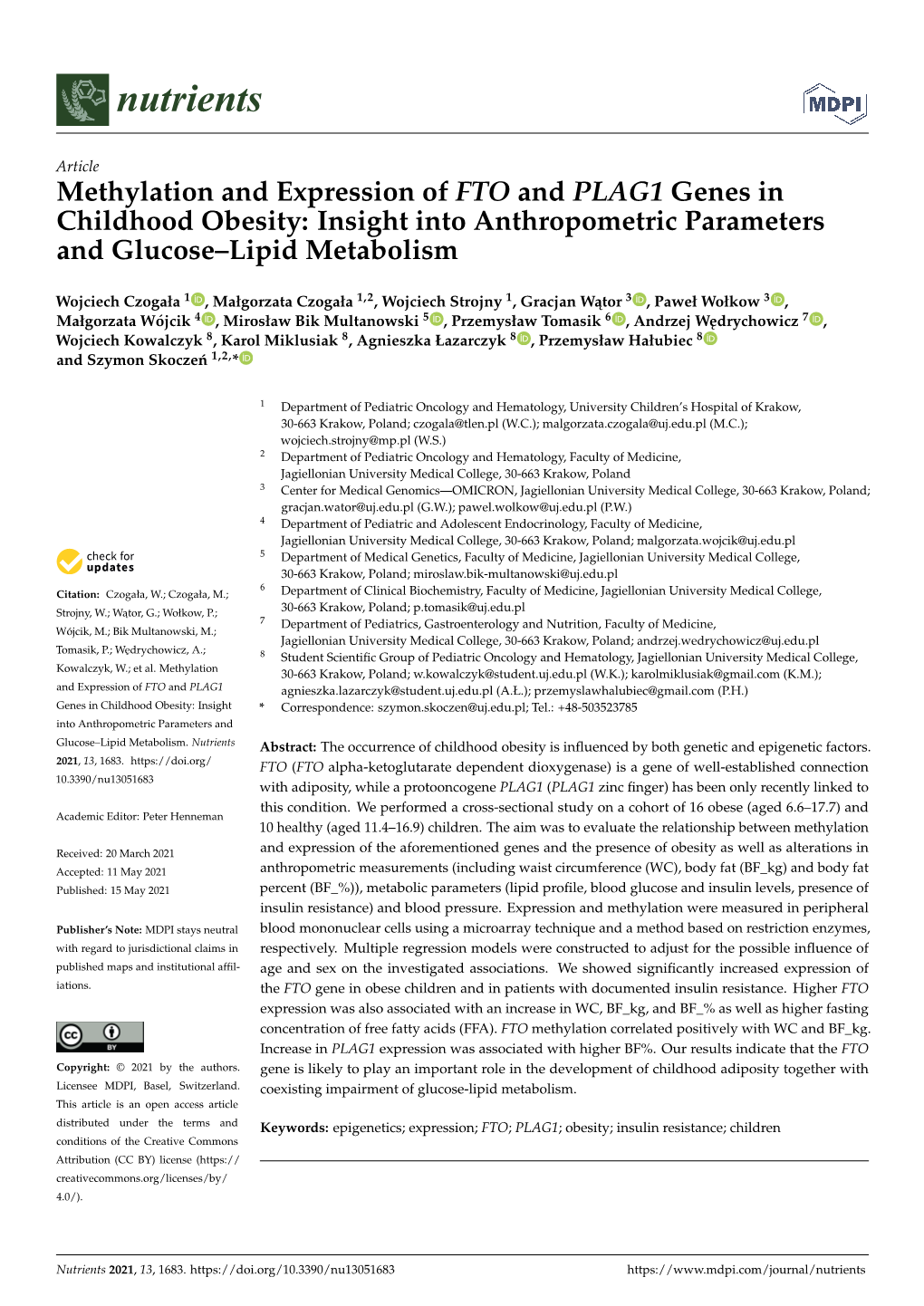 Methylation and Expression of FTO and PLAG1 Genes in Childhood Obesity: Insight Into Anthropometric Parameters and Glucose–Lipid Metabolism