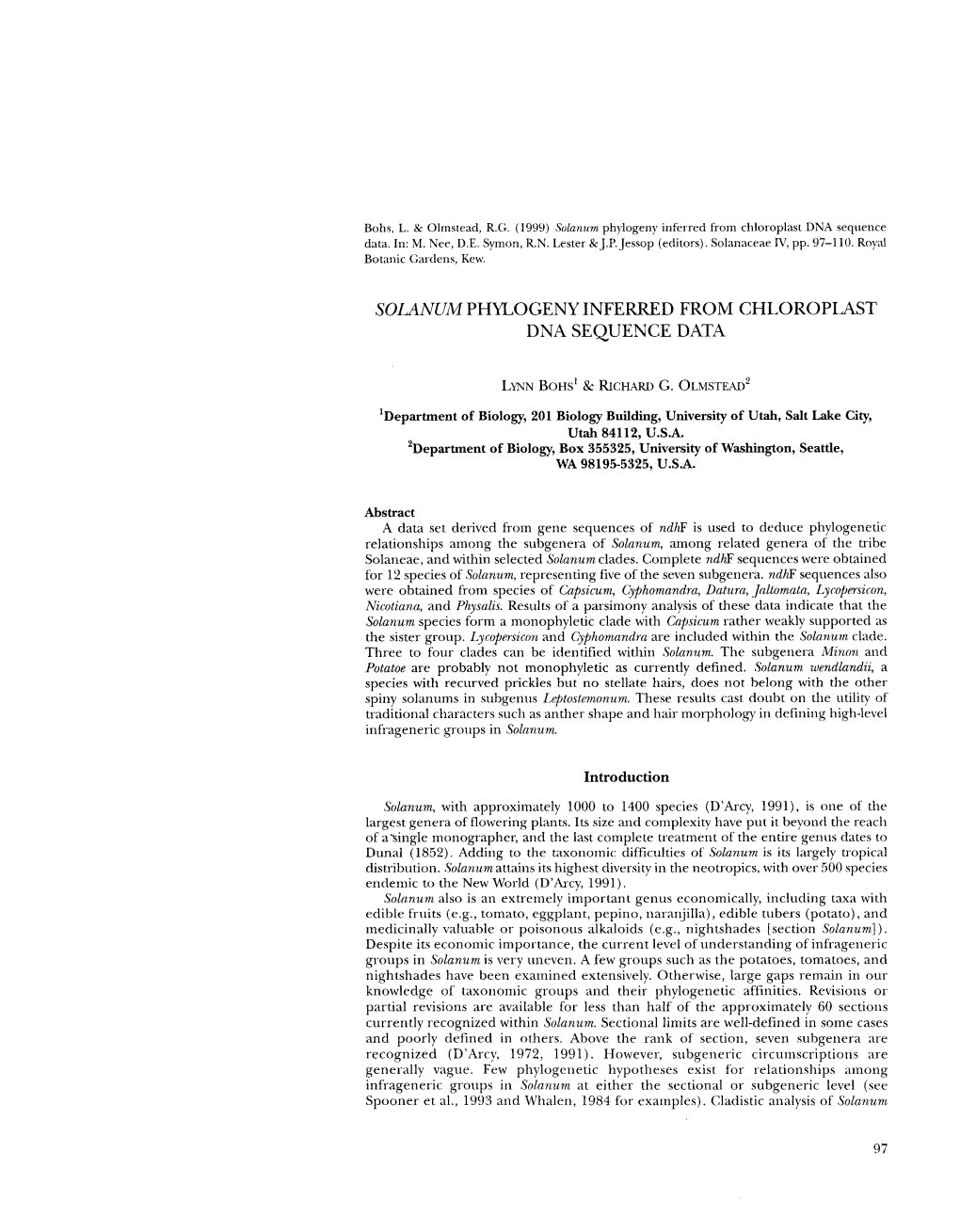 Solanum Phylogeny Inferred from Chloroplast DNA Sequence Data