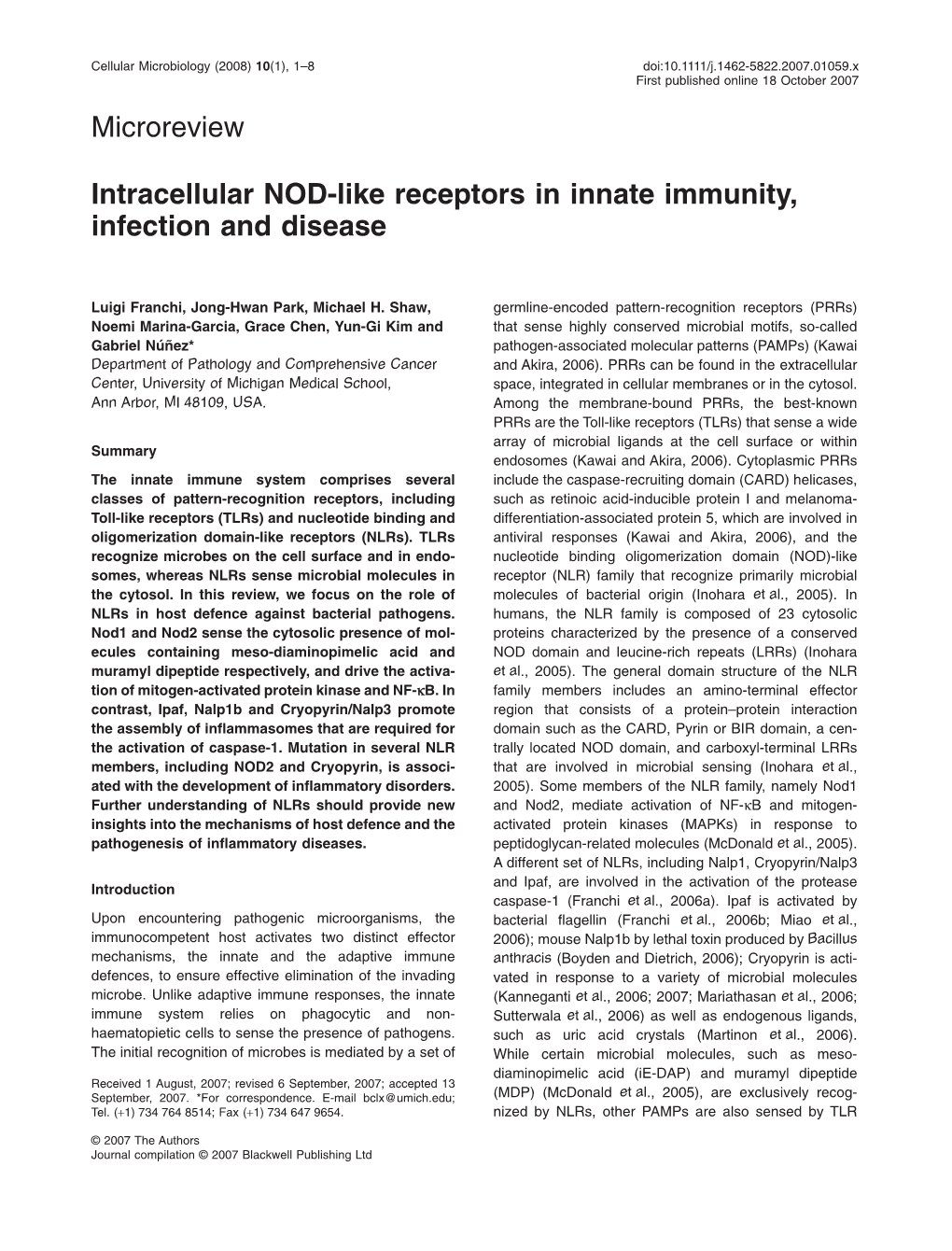 Intracellular NOD-Like Receptors in Innate Immunity, Infection and Disease