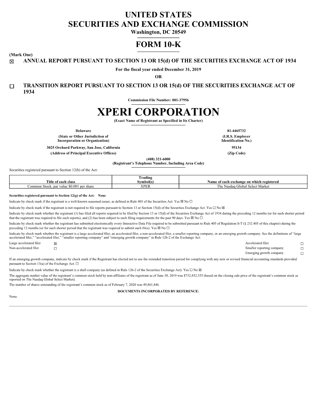 XPERI CORPORATION (Exact Name of Registrant As Specified in Its Charter)