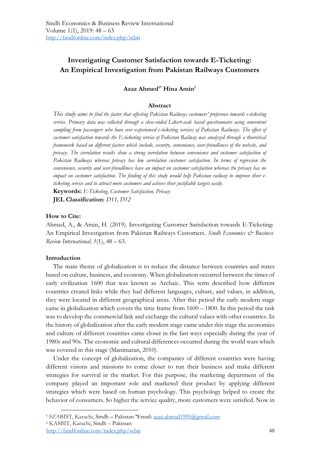 An Empirical Investigation from Pakistan Railways Customers