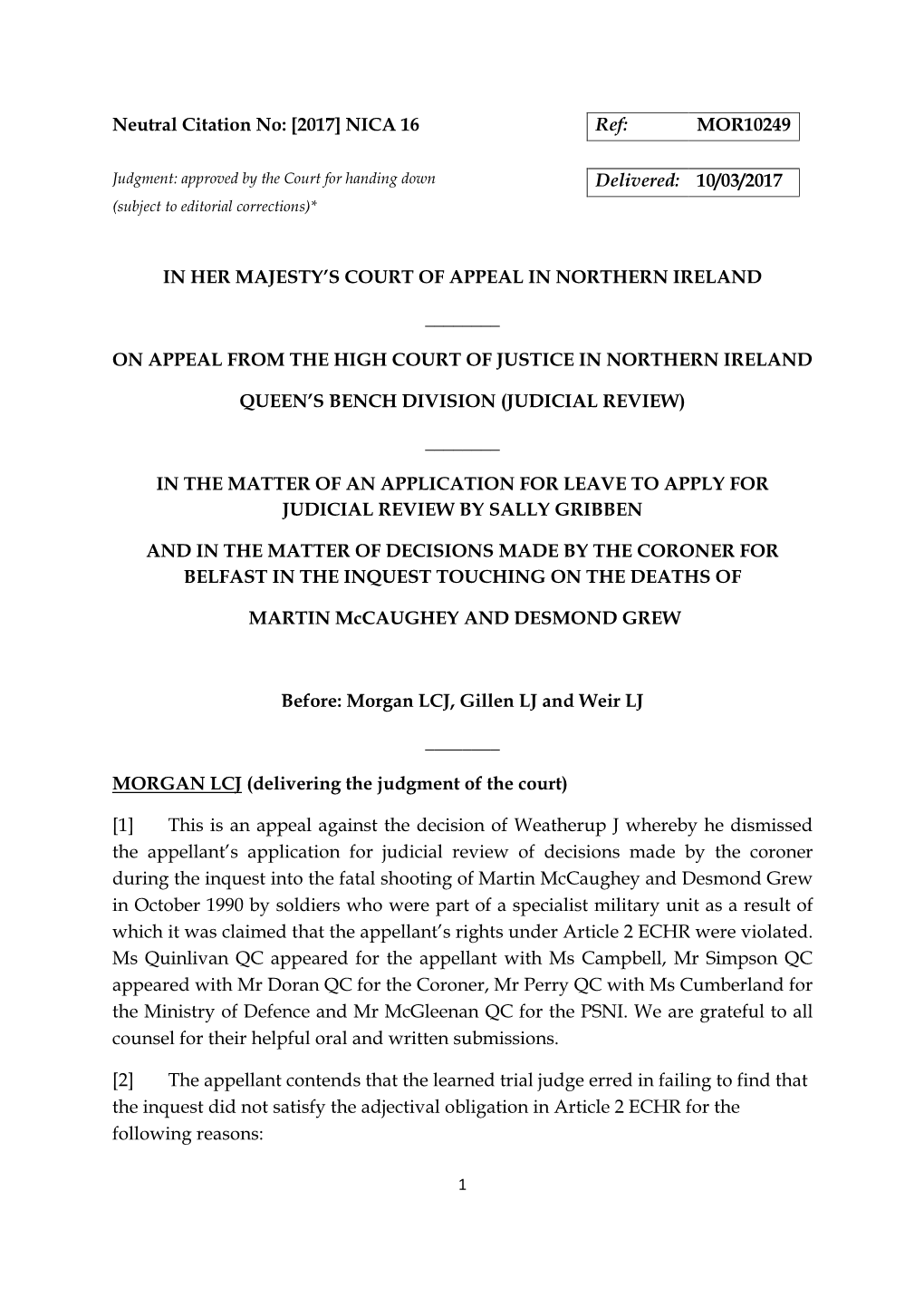 10/03/2017 in Her Majesty's Court of Appeal in Northern Ireland