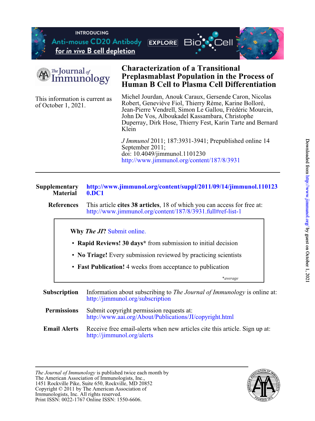 Human B Cell to Plasma Cell Differentiation Preplasmablast