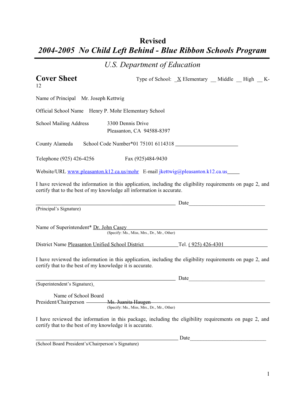 Henry P. Mohr Elementary School Application: 2004-2005, No Child Left Behind - Blue Ribbon