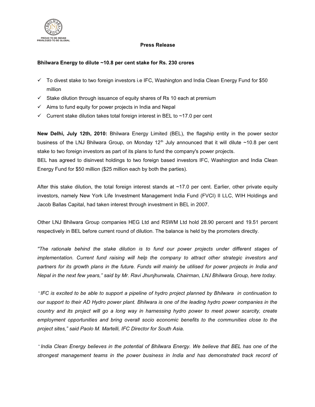 Bhilwara Energy to Dilute 10.8 Per Cent Stake for Rs. 230 Crores