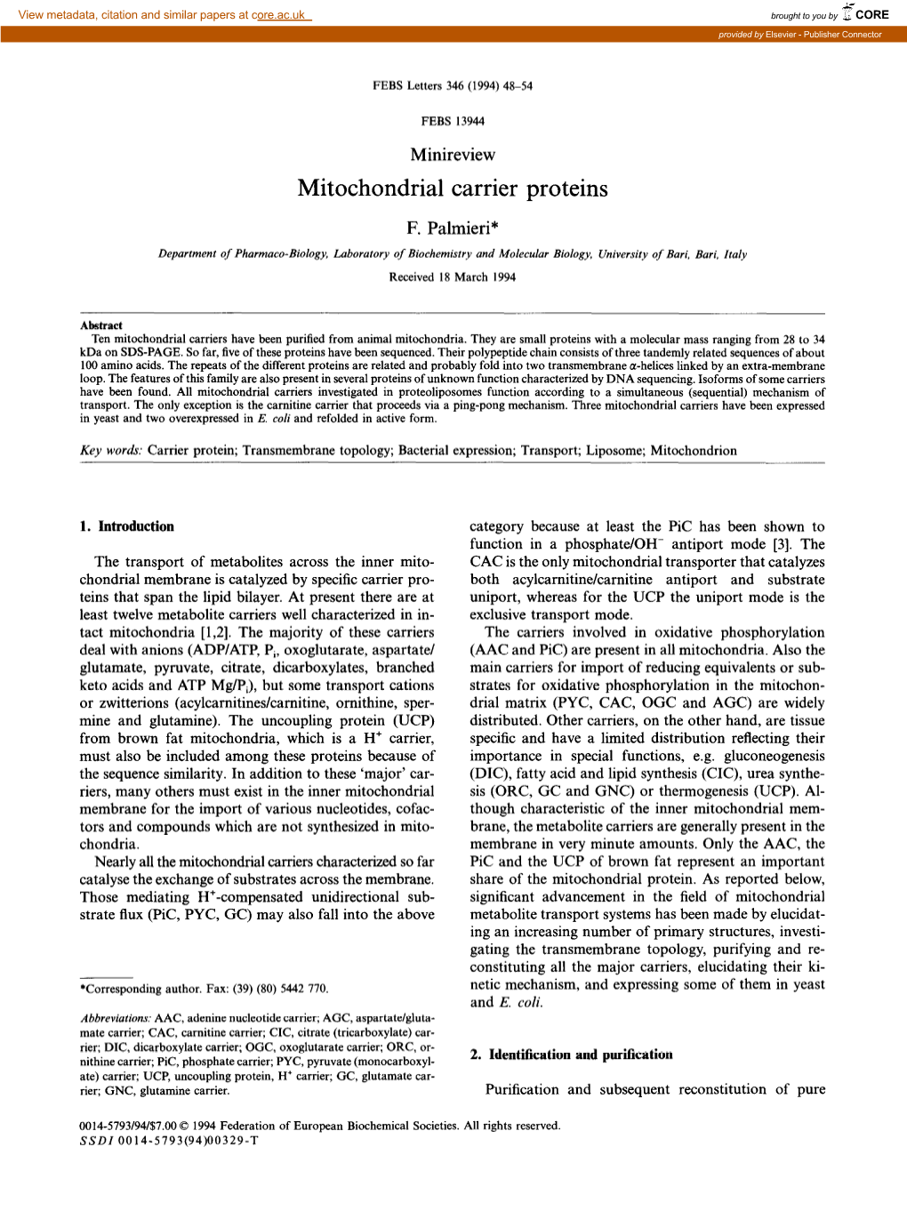 Mitochondrial Carrier Proteins