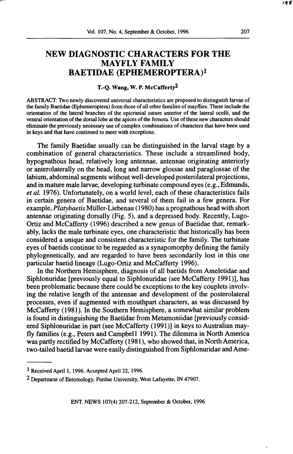 NEW DIAGNOSTIC CHARACTERS for the MAYFLY FAMILY BAETIDAE (EPHEMEROPTERA)L