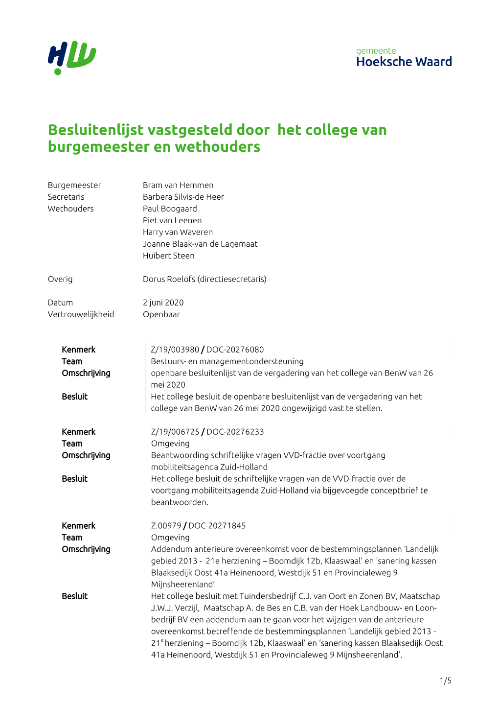 Besluitenlijst Vastgesteld Door Het College Van Burgemeester En Wethouders