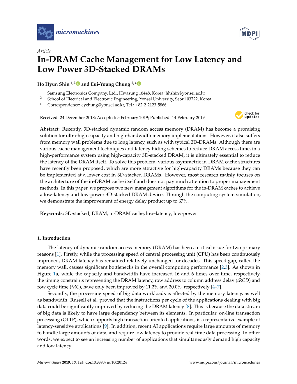 In-DRAM Cache Management for Low Latency and Low Power 3D-Stacked Drams