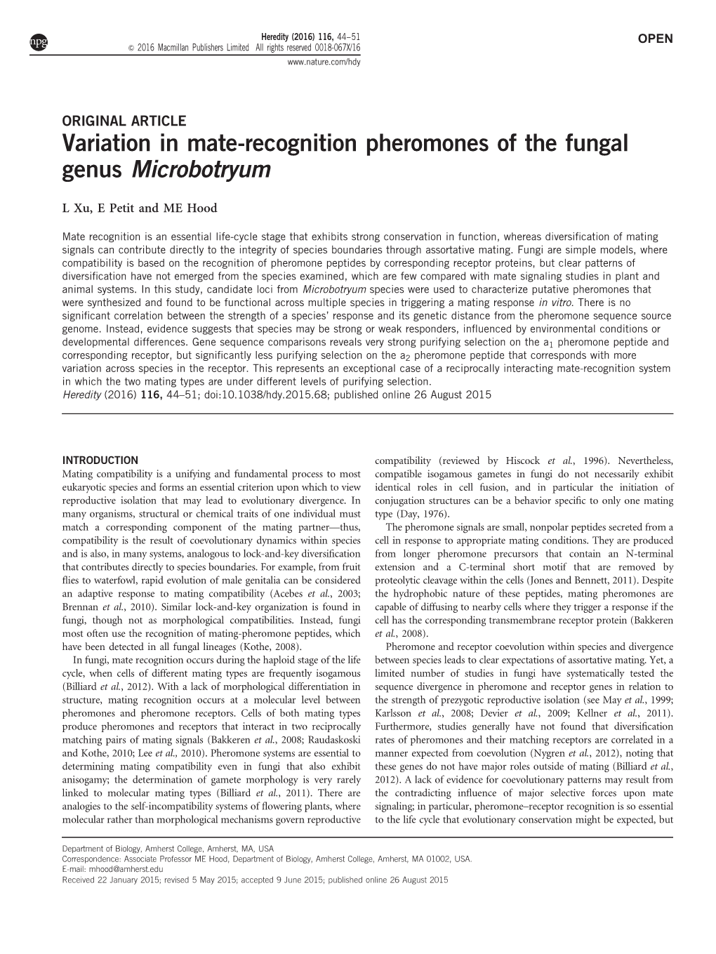 Variation in Mate-Recognition Pheromones of the Fungal Genus Microbotryum