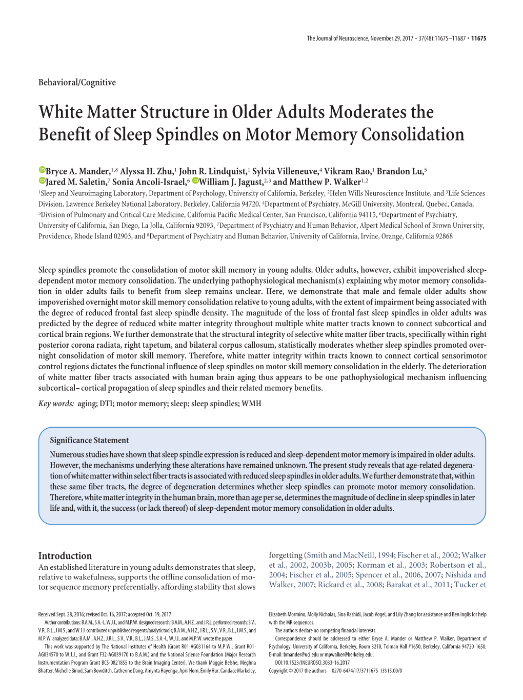 White Matter Structure in Older Adults Moderates the Benefit of Sleep Spindles on Motor Memory Consolidation