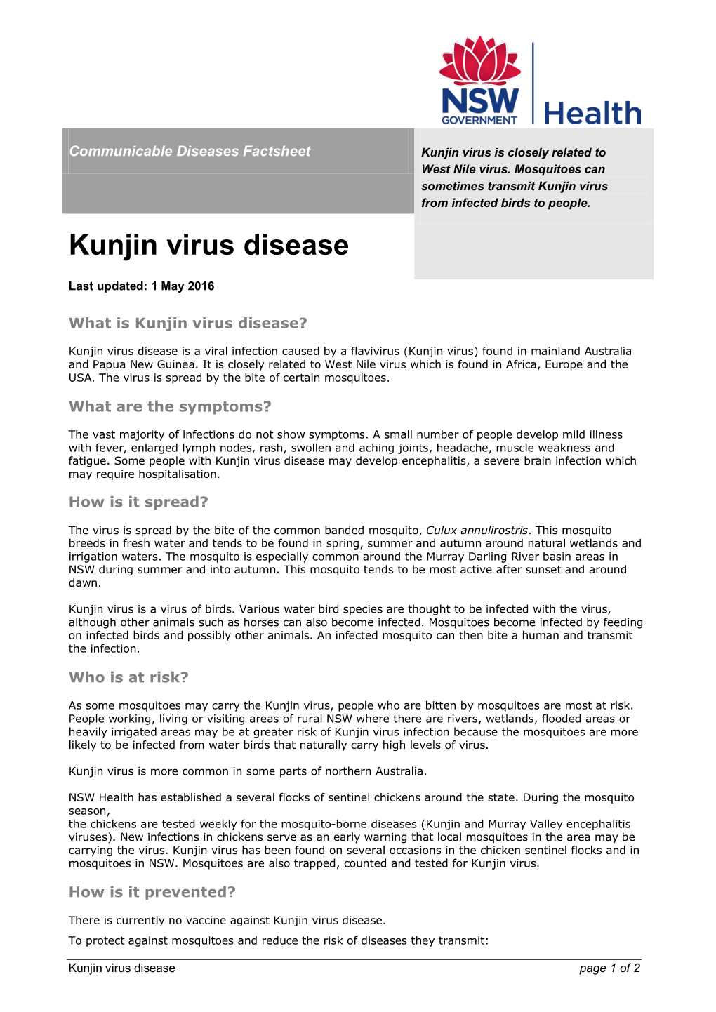 Kunjin Virus Is Closely Related to West Nile Virus