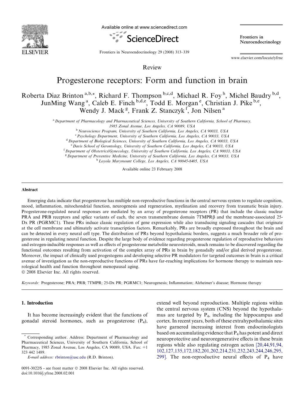Progesterone Receptors: Form and Function in Brain